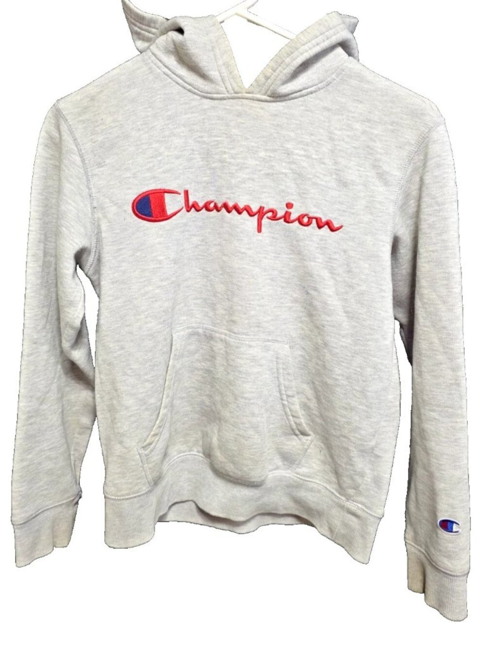 CHAMPION Sweater Boys Medium Gray Blue Embroidered Logo Hoodie Youth.